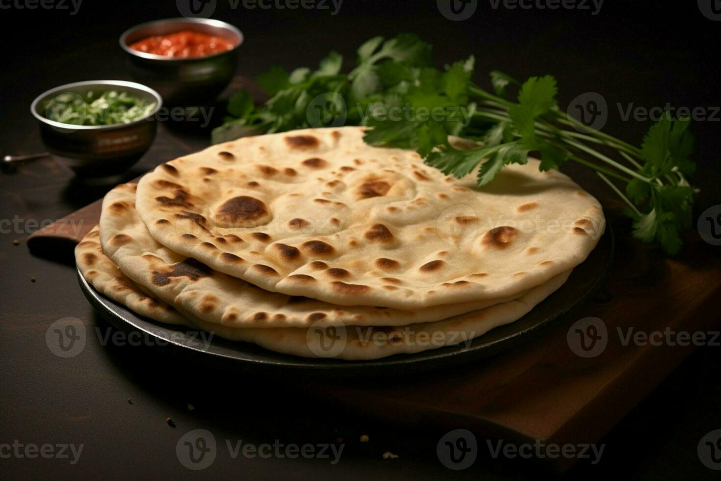 ai gerado indiano tradicional cozinha chapati em uma rústico de madeira fundo foto