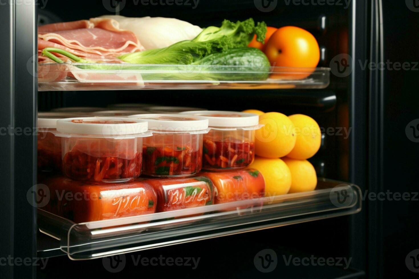 ai gerado culinária conveniência extração uma Comida recipiente a partir de a geladeira para fácil Acesso ai gerado foto