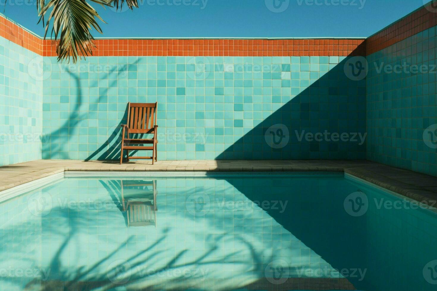 ai gerado nostálgico verão começar esvaziar piscina, oxidado escadaria, e lado a lado chão foto