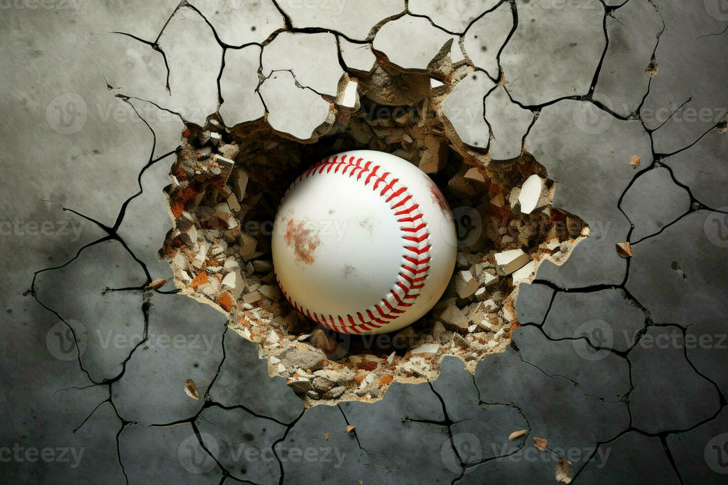 ai gerado beisebol rompe barreiras bola dramaticamente moscas através uma rachado parede foto