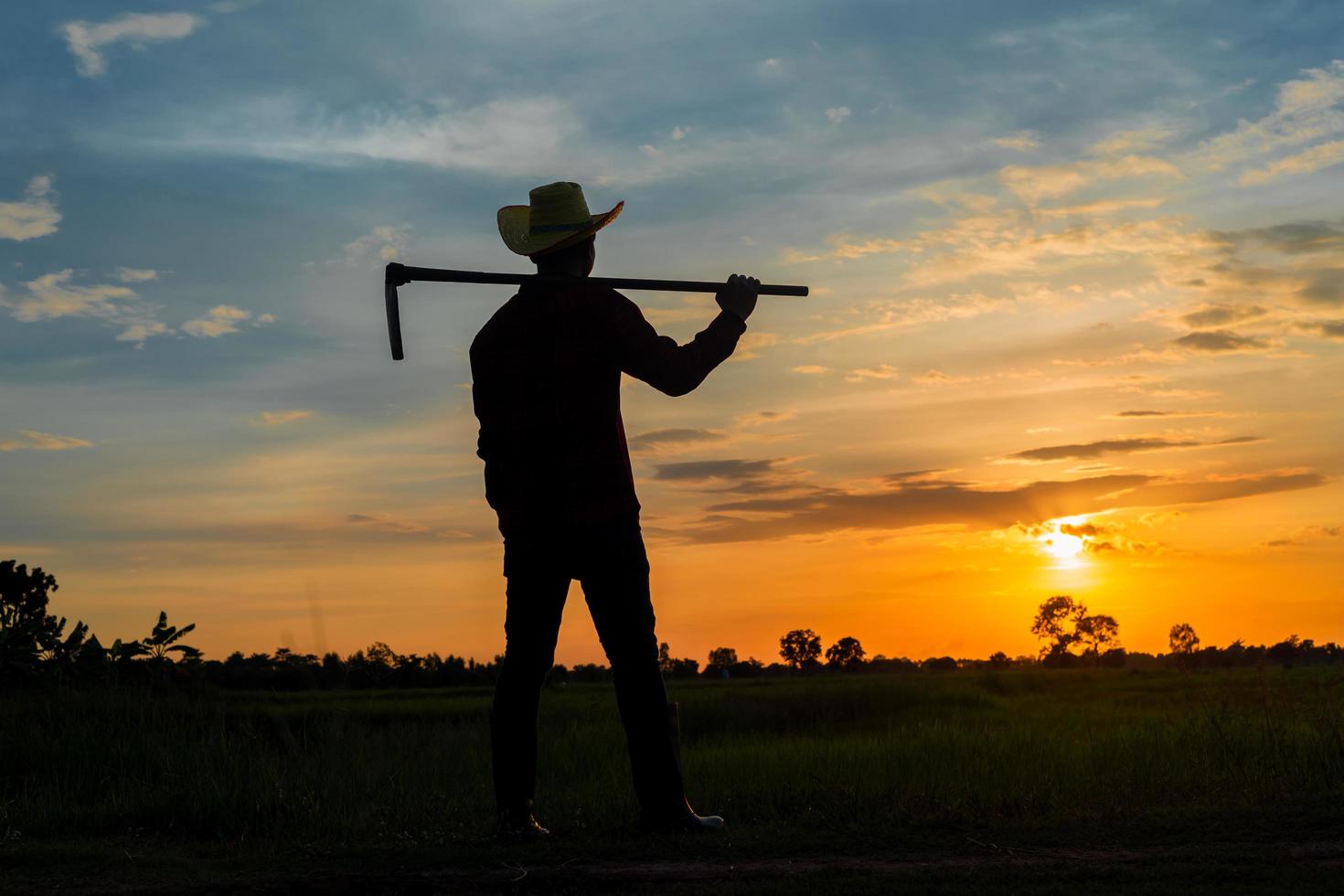 fazendeiro segurando uma enxada em um campo ao pôr do sol foto