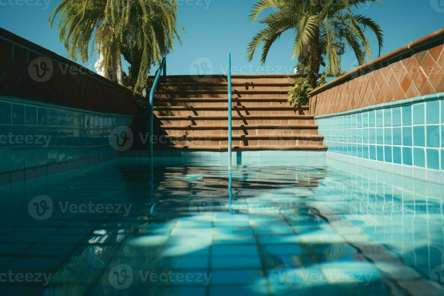 ai gerado nostálgico verão começar esvaziar piscina, oxidado escadaria, e lado a lado chão foto