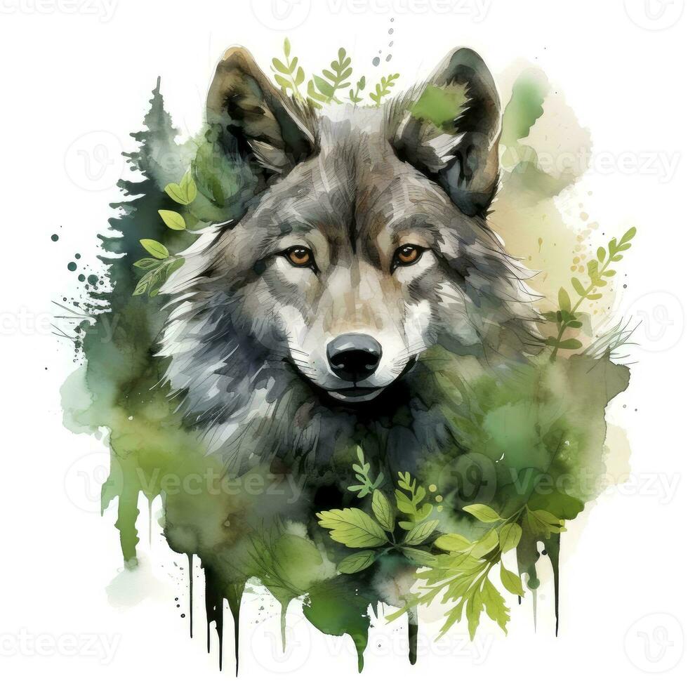 ai gerado Lobo animal dentro vegetação para crianças emocional aquarelas. ai gerado foto