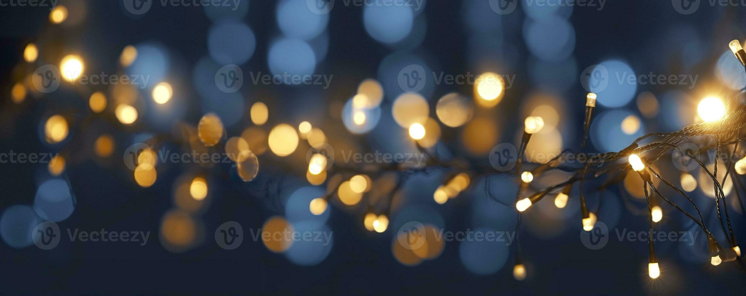 ai gerado feriado iluminação e decoração conceito, Natal festão bokeh luzes sobre Sombrio azul fundo. ai gerado foto