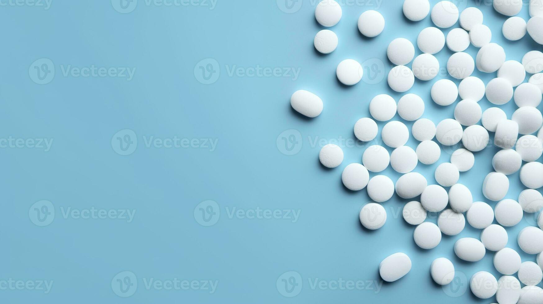 ai gerado topo Visão branco remédio comprimidos antibiótico pílulas em uma suave azul fundo, cópia de espaço, farmacia tema, ai generativo foto