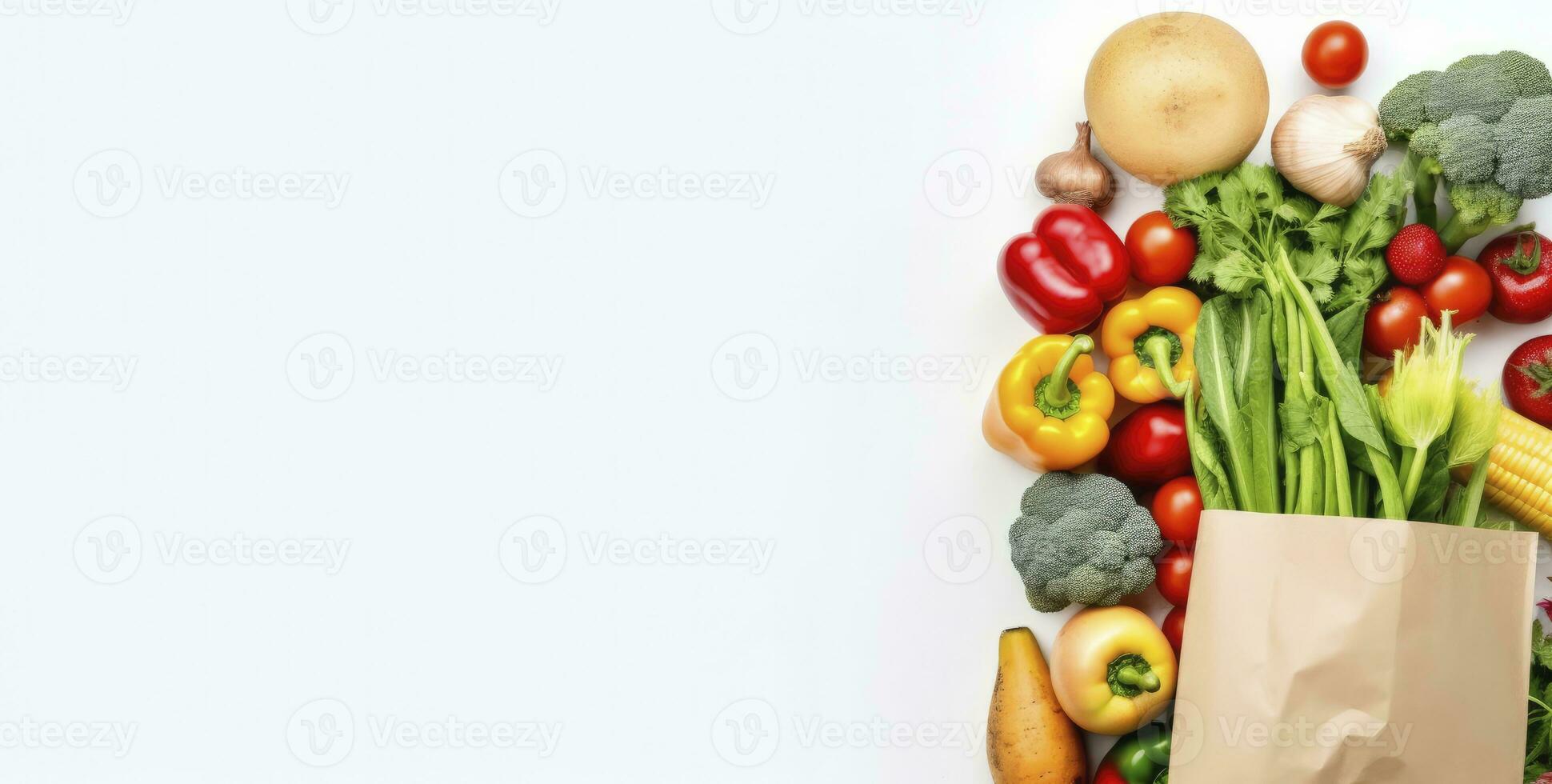 ai gerado saudável Comida dentro papel saco legumes e frutas em branco fundo. ai gerado foto