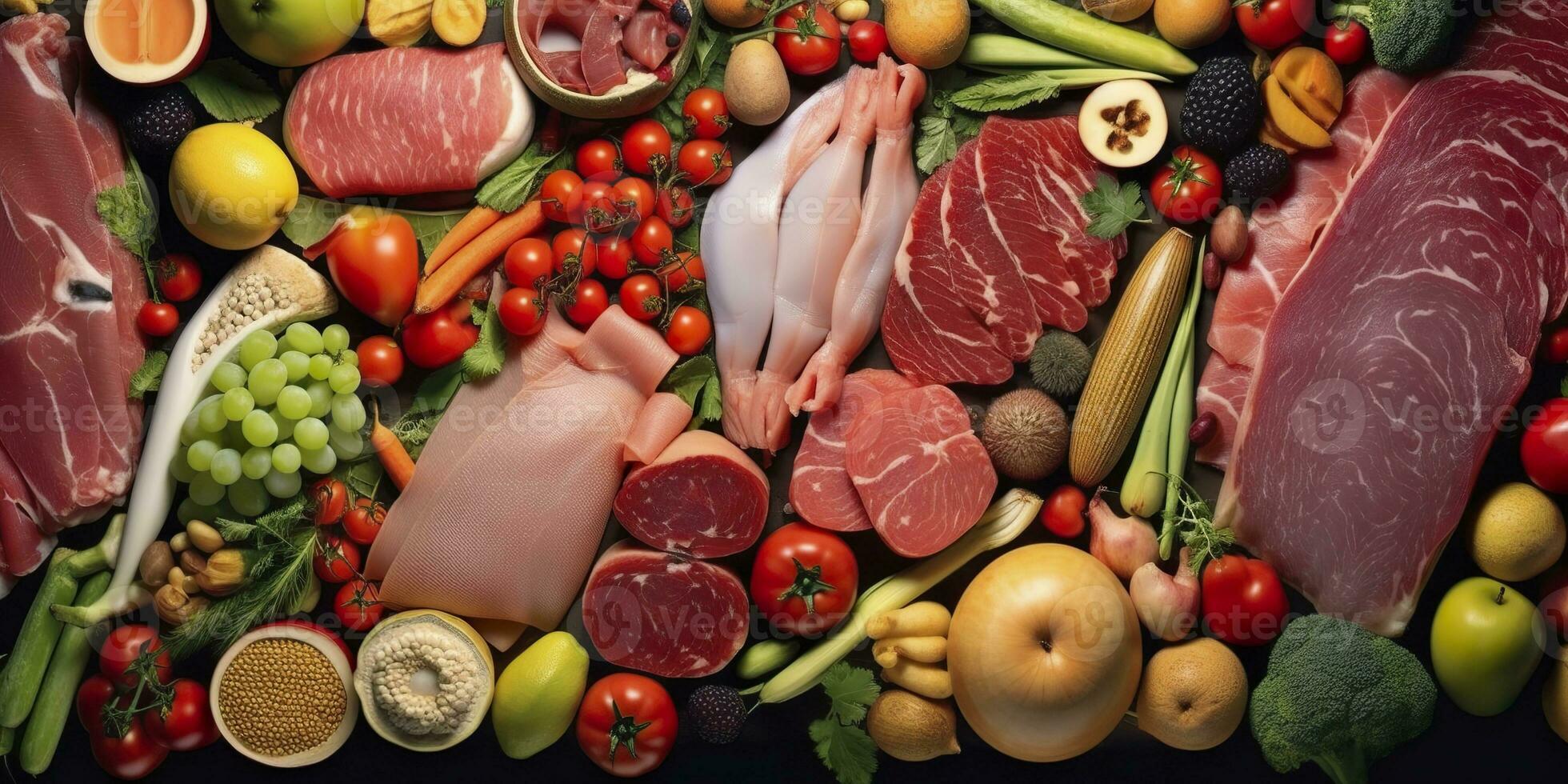 ai gerado diferente tipos do carnes, vegetais, e frutas deitar dentro supermercados. generativo ai foto