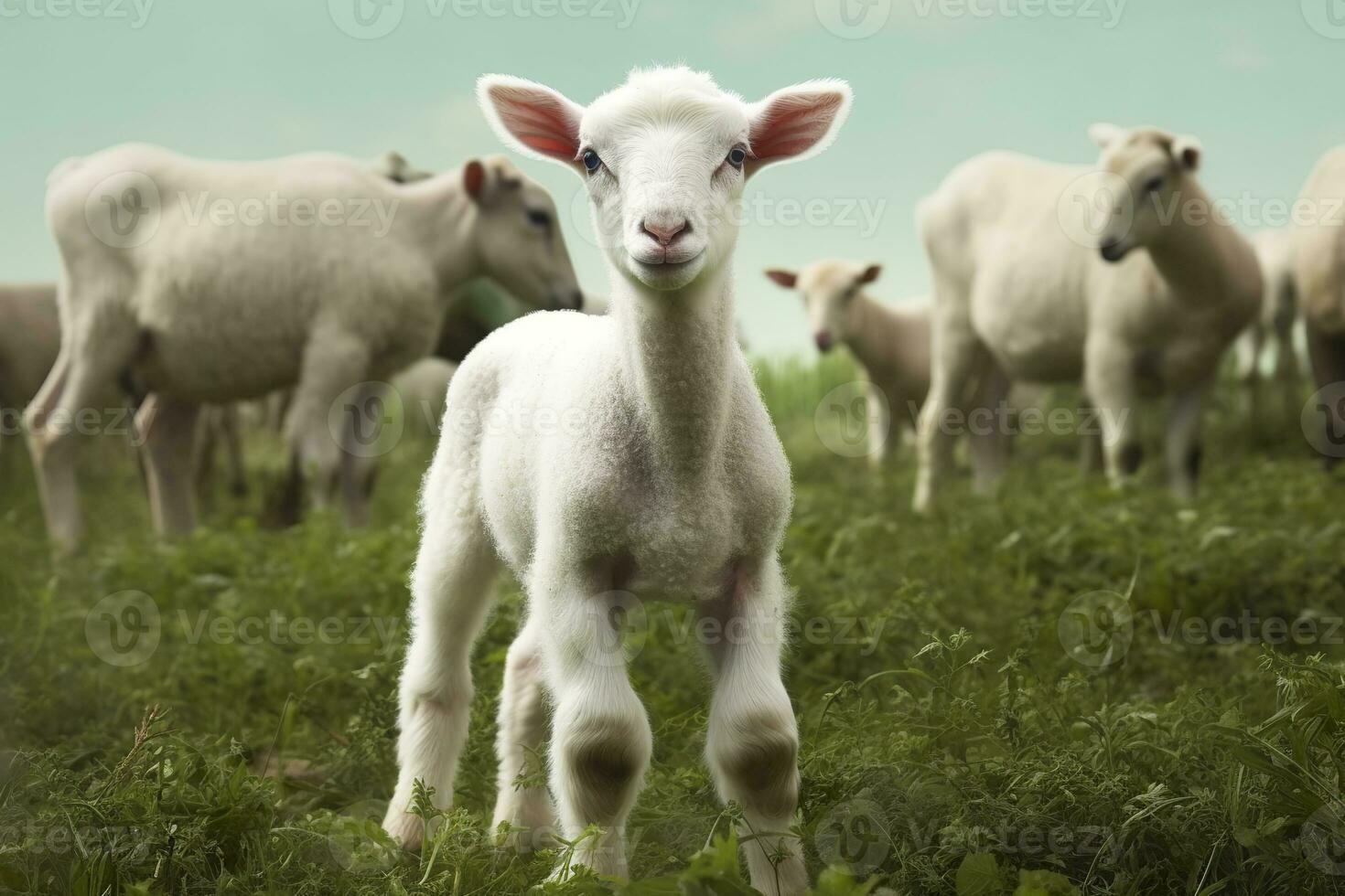 ai gerado branco Cordeiro dentro uma campo dentro frente do de outros animais. generativo ai foto