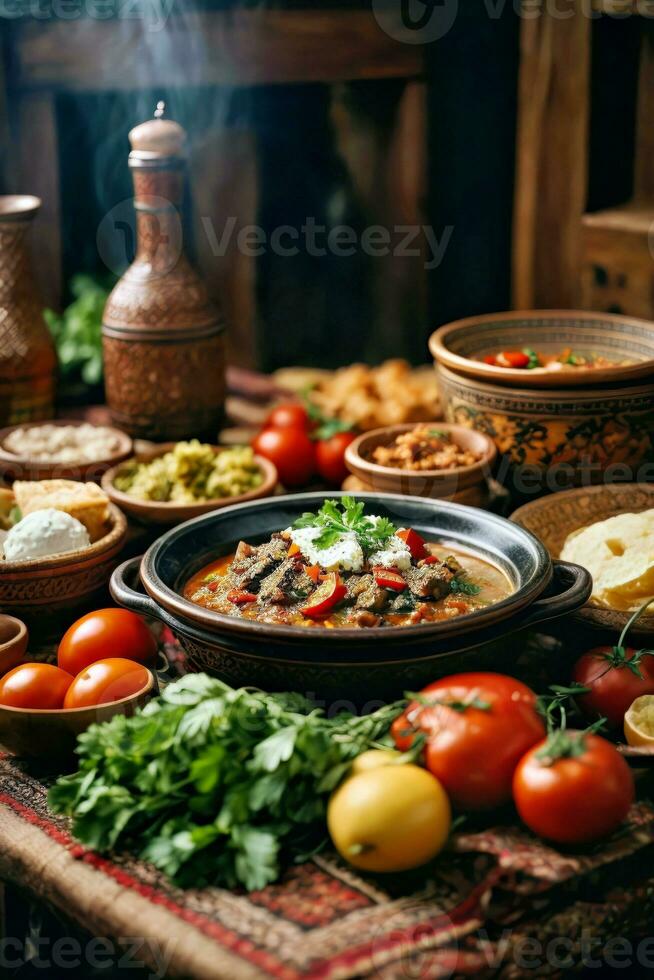 ai gerado uma variedade do delicioso Comida exibido em uma mesa foto