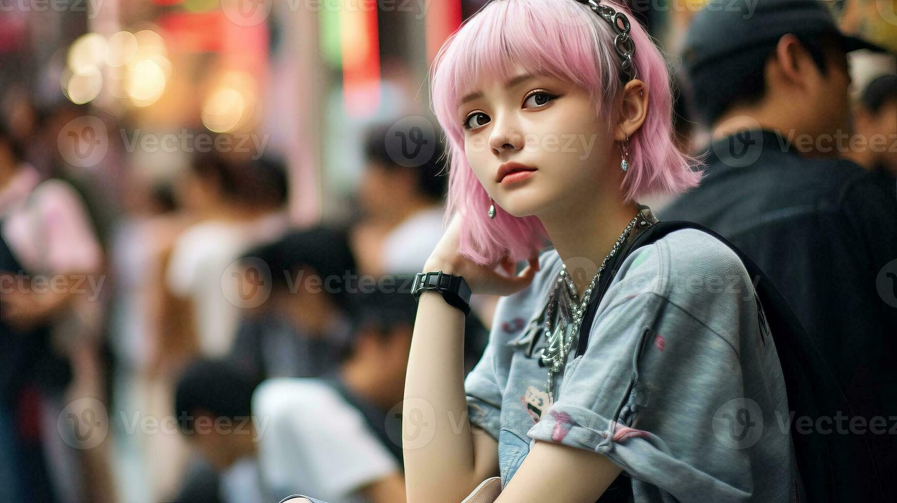 ai gerado uma menina com Rosa cabelo sentado em uma Banco foto