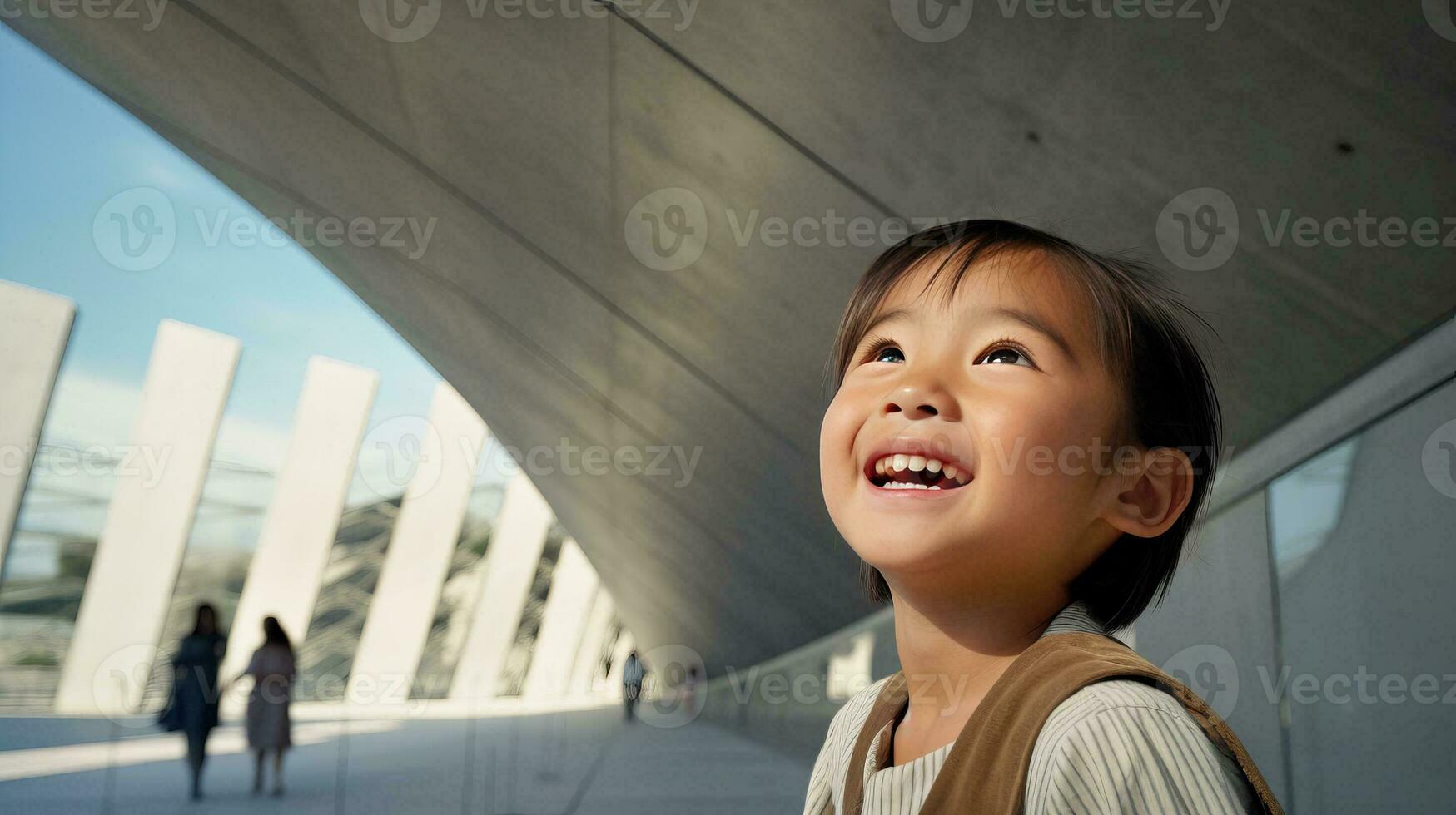 ai gerado pequeno Garoto em pé dentro frente do uma construção foto