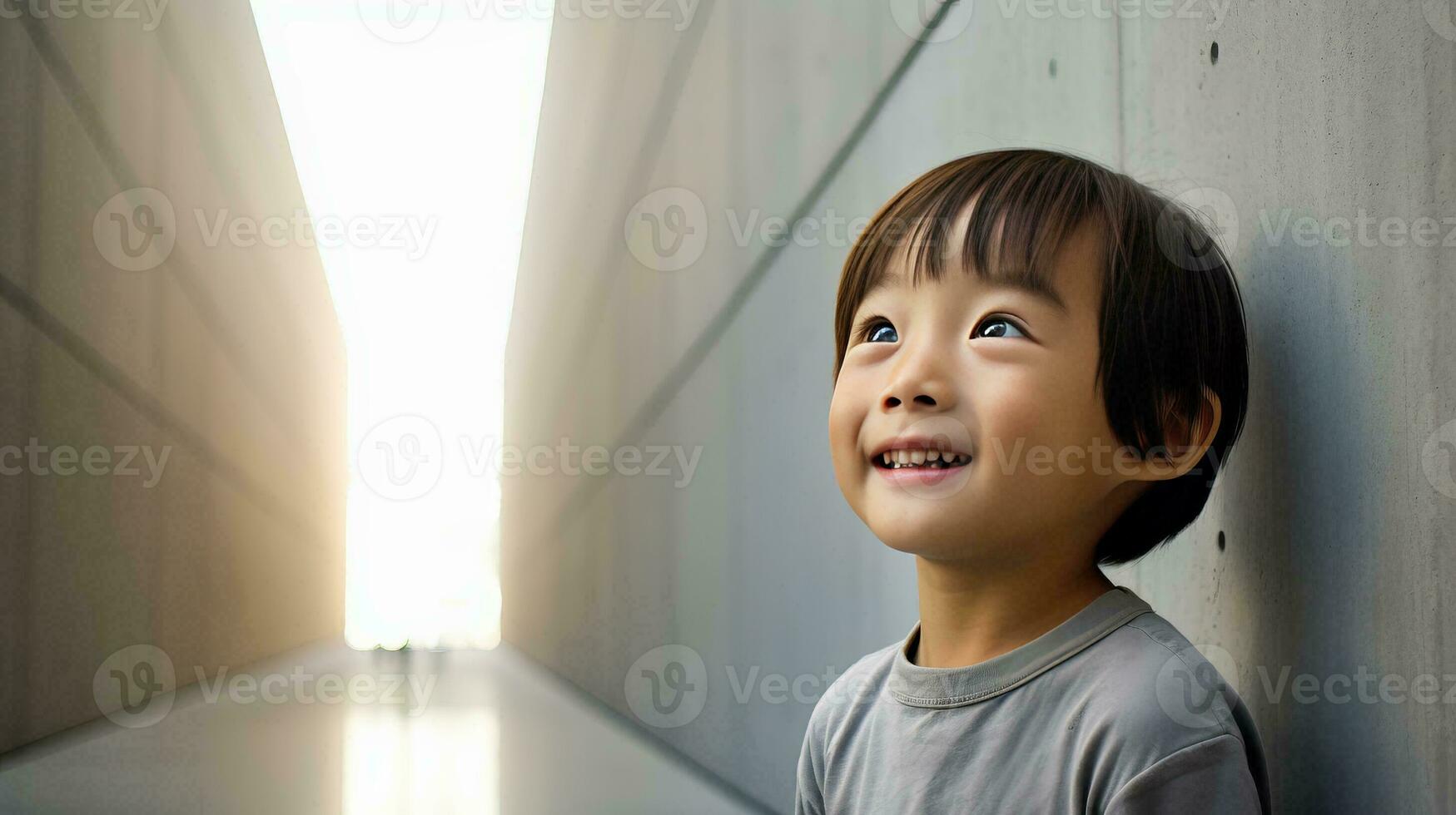 ai gerado pequeno Garoto em pé dentro frente do uma parede foto