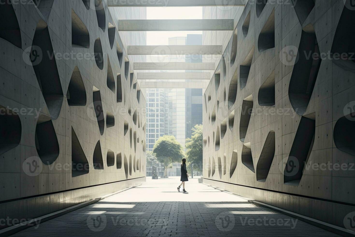 ai gerado mulher caminhando dentro futurista brutalista cidade rua. ai gerado. foto
