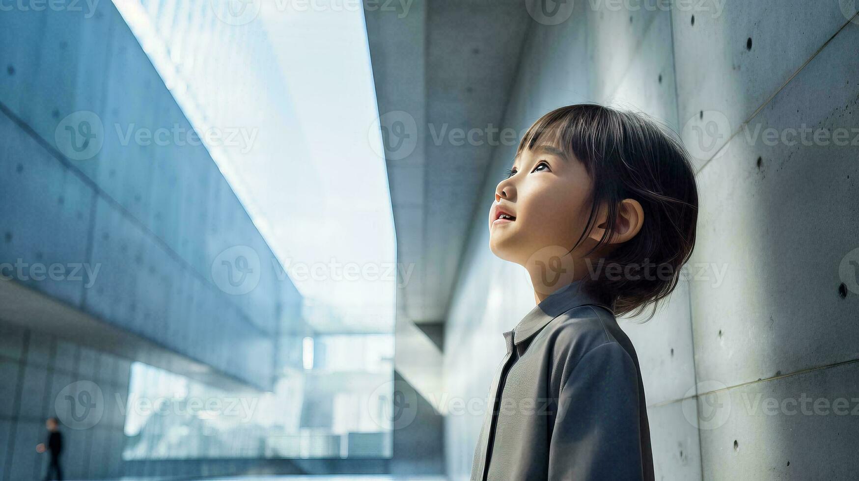 ai gerado mulher em pé dentro frente do urbano escritório construção foto