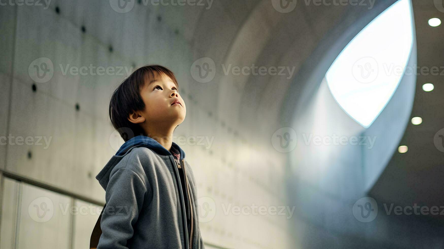 ai gerado jovem Garoto recortado dentro frente do circular janela foto