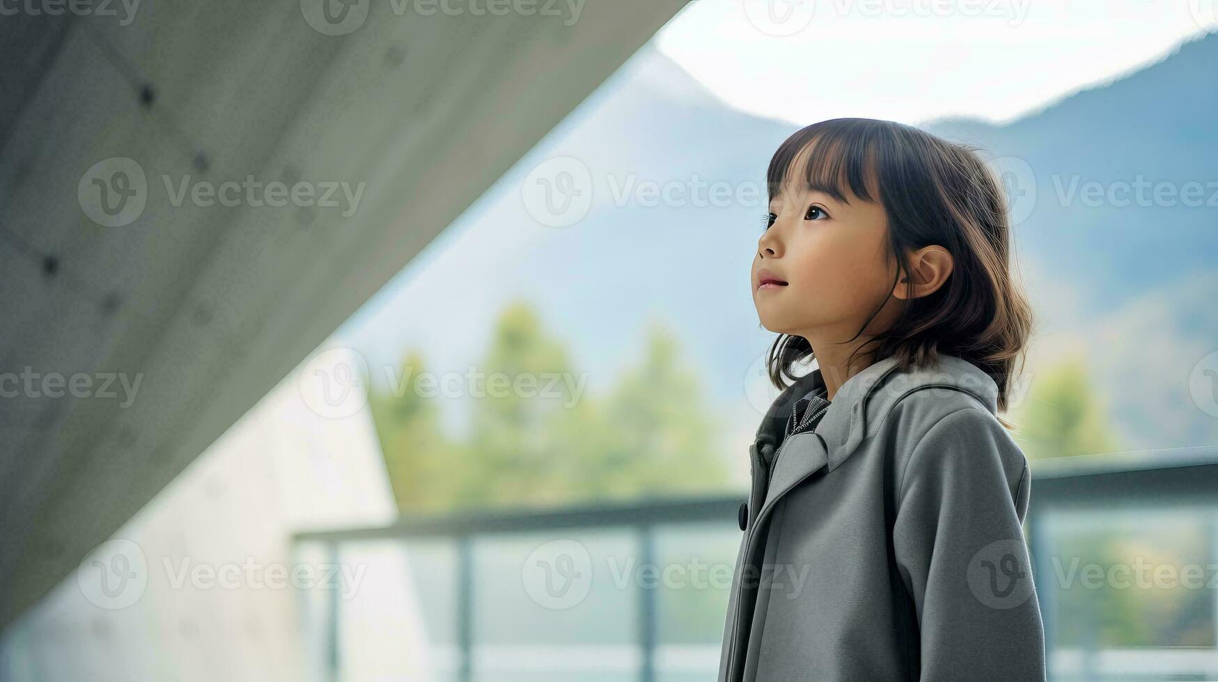 ai gerado pequeno menina em pé dentro frente do urbano construção foto