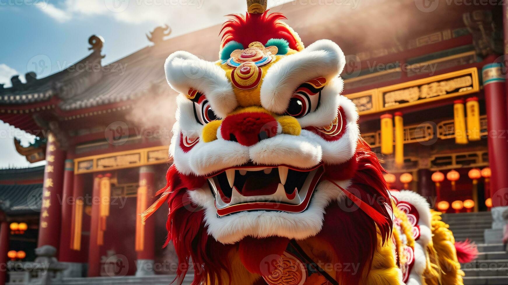 ai gerado chinês leão dança dentro a têmpora foto