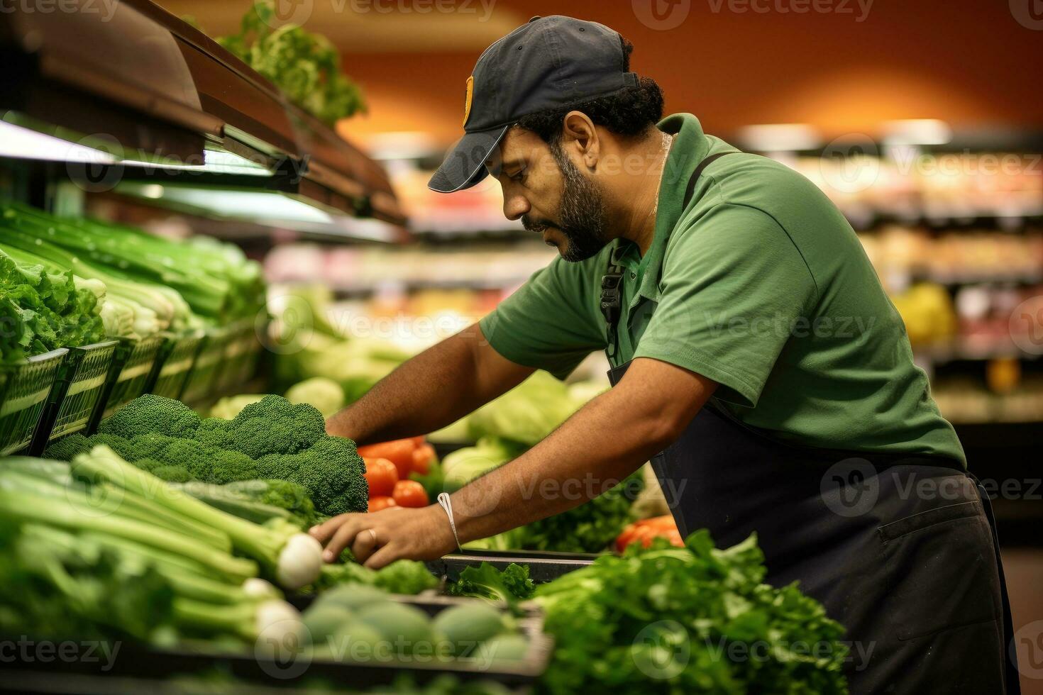 ai gerado fresco orgânico supermercado, uma trabalhador reembalagem prateleiras às a vegetariano departamento corredor, ai generativo foto