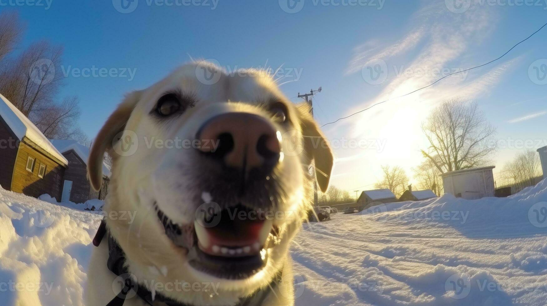 ai gerado olho de peixe retrato do cachorro em neve coberto campo, ai generativo foto