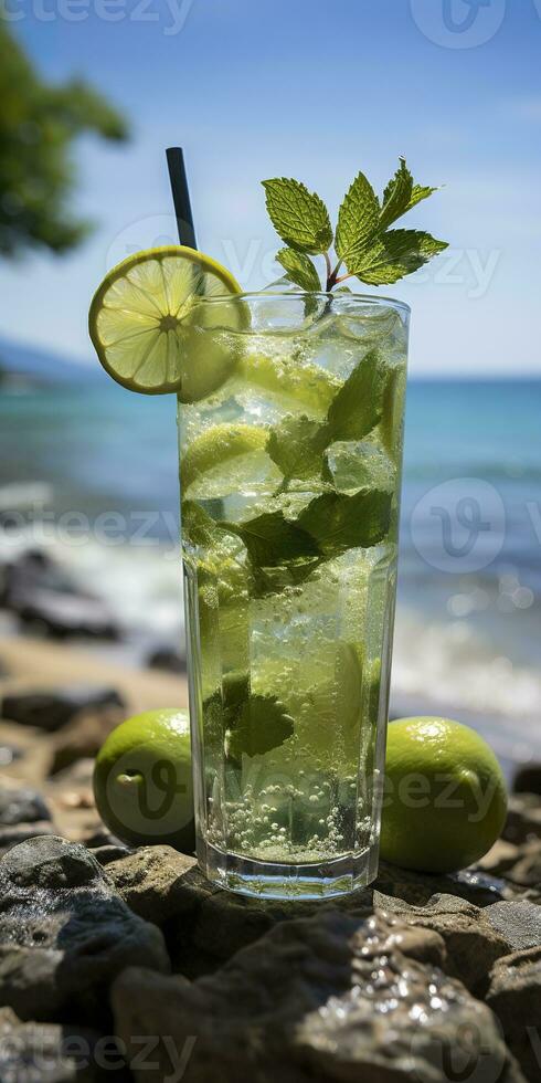 ai gerado deslumbrante foto do coquetel Mojito, uma ensolarado verão de praia dentro a fundo. generativo ai