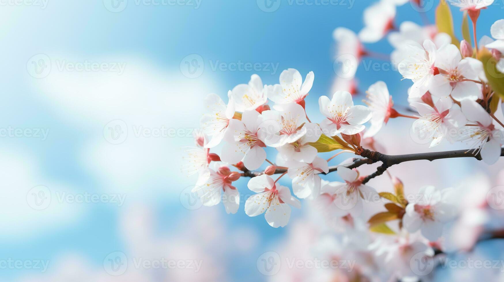 ai gerado florescendo fruta árvore ramo contra azul céu, Primavera fundo foto