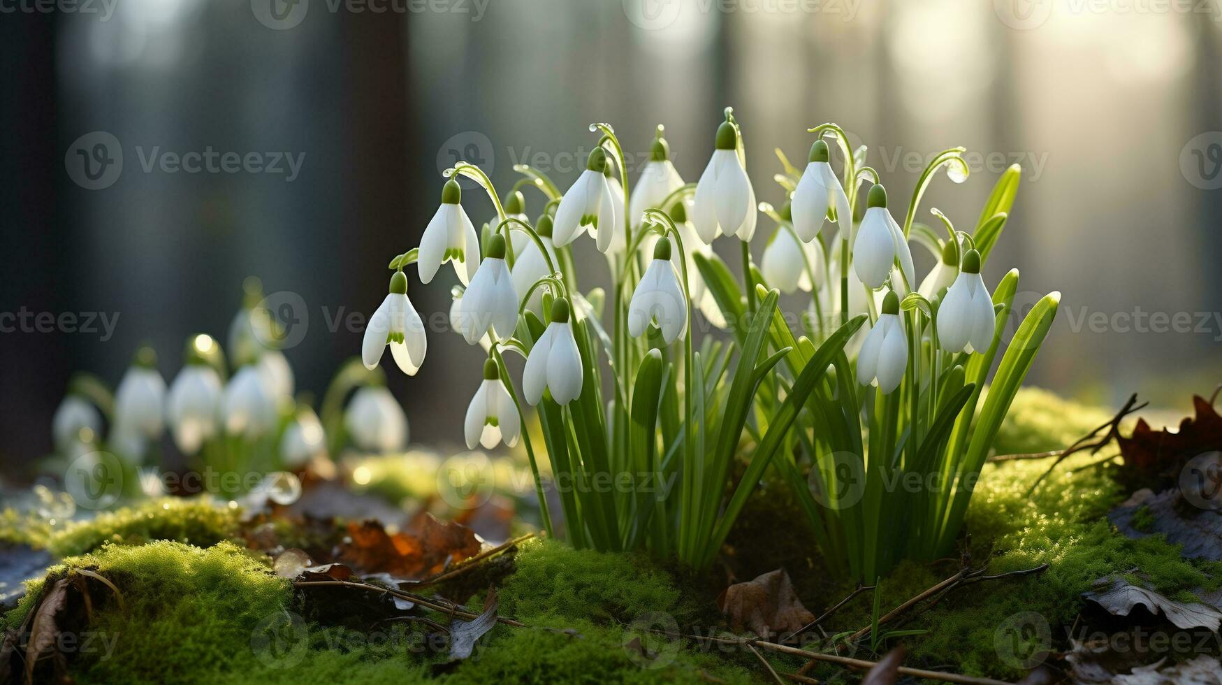 ai gerado compensação com snowdrops dentro a Primavera floresta às pôr do sol foto