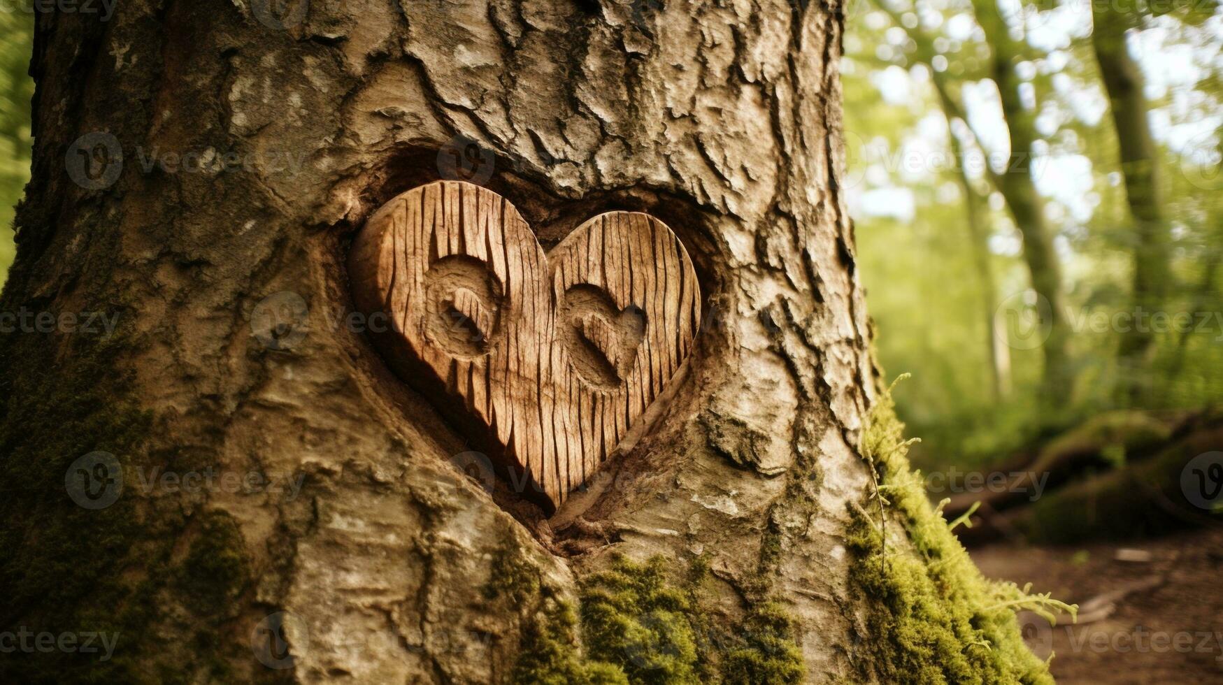 ai gerado de madeira coração em uma árvore dentro a floresta. amor conceito. foto