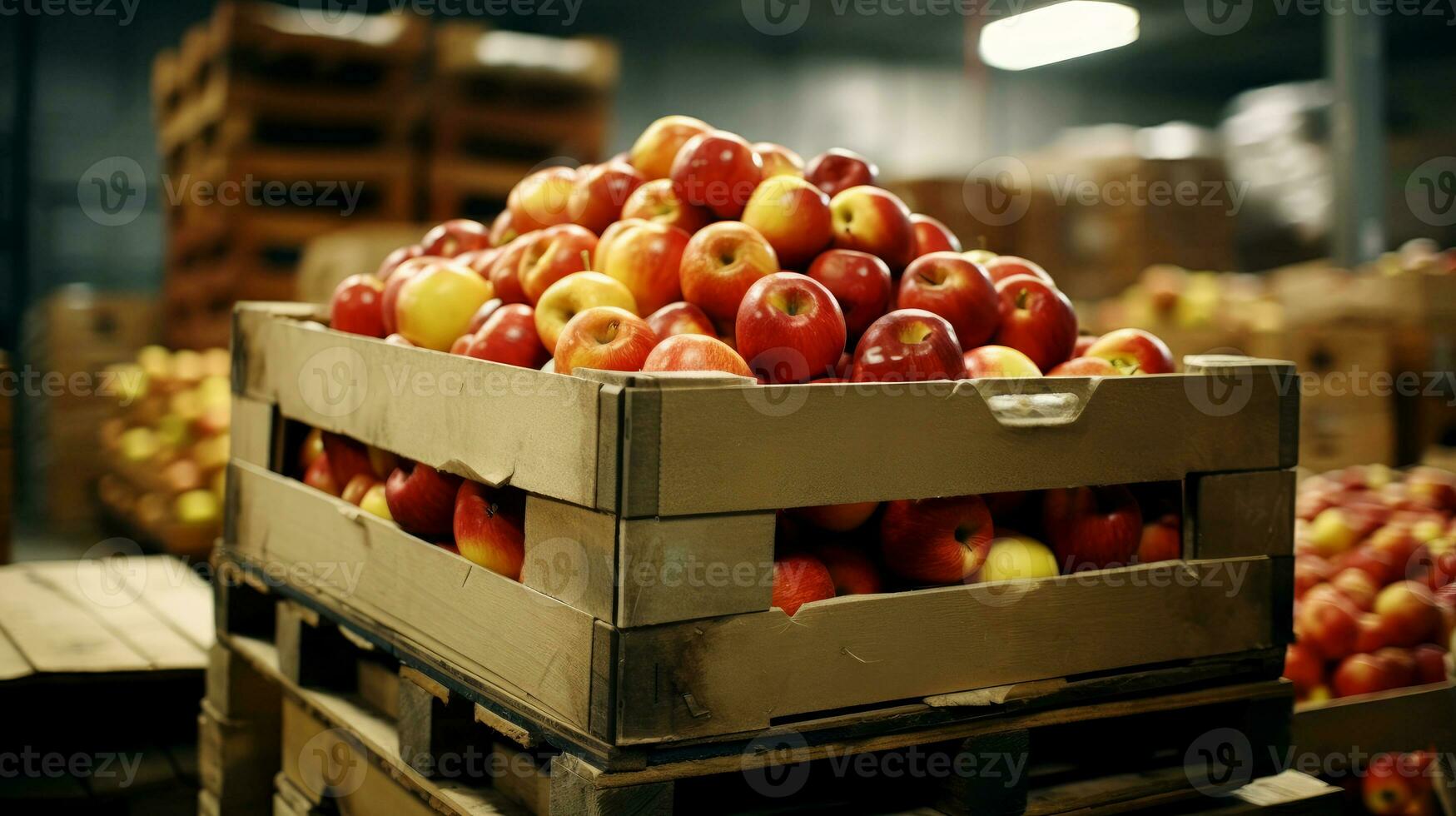 ai gerado maçãs dentro uma Comida em processamento instalação, limpar \ limpo e fresco dentro loja . generativo ai foto
