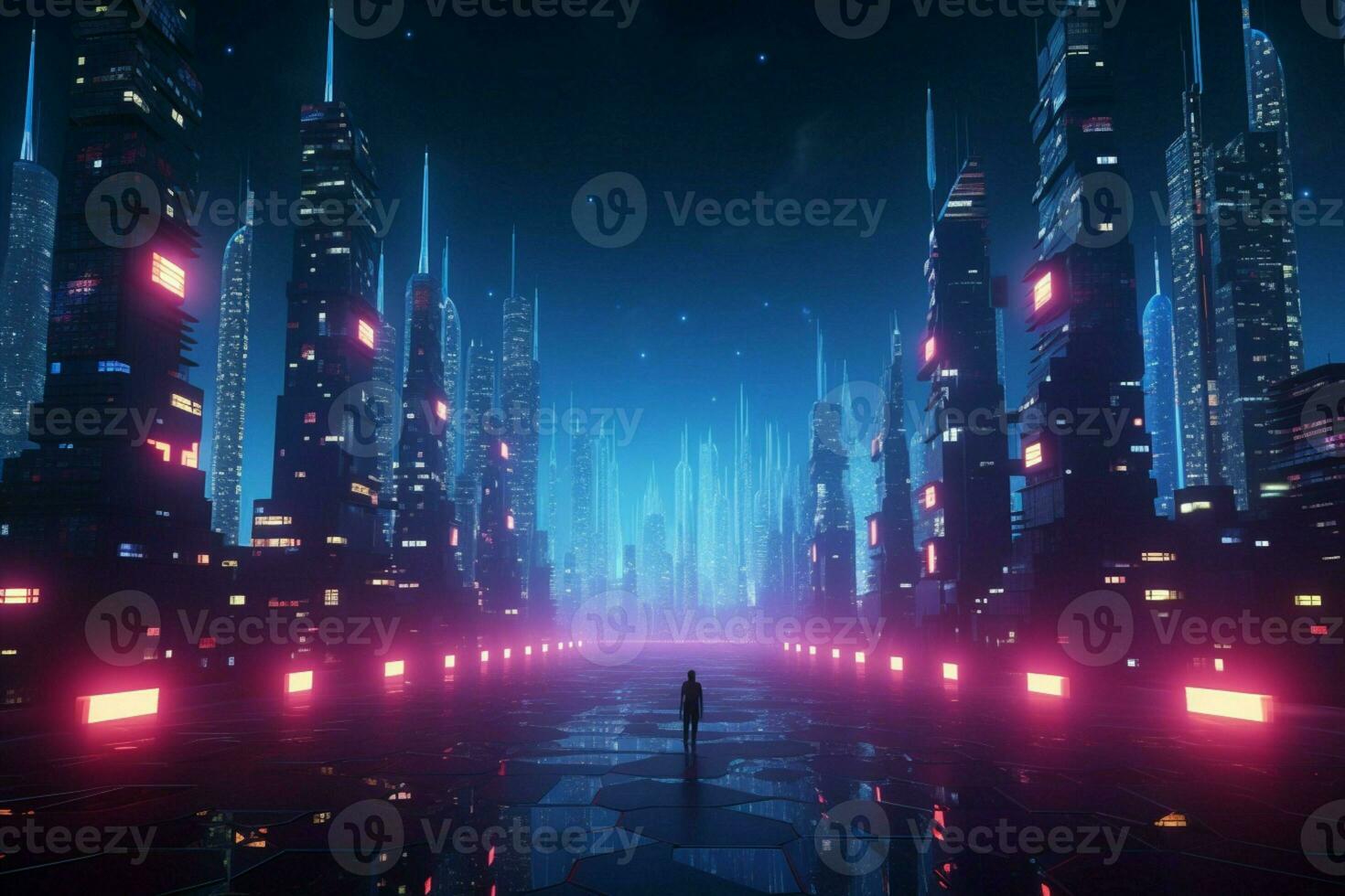 ai gerado imersivo 3d cyberpunk conceito futurista paisagem urbana com vibrante luz dinâmica foto