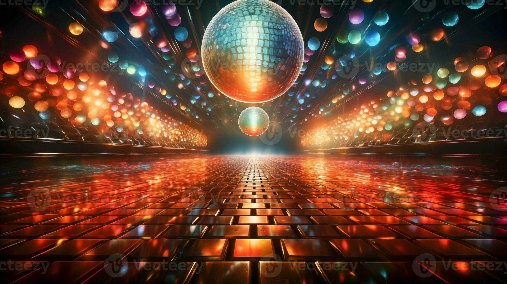 ai gerado show corredor discoteca anos 80. uma cintilante discoteca bola, néon luzes, colorida etapa foto