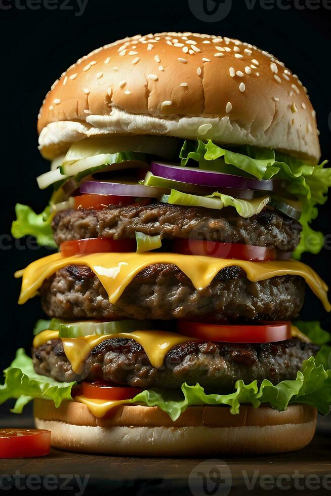 ai gerado delicioso hamburguer com suculento carne, derretido queijo, e fresco condimentos foto