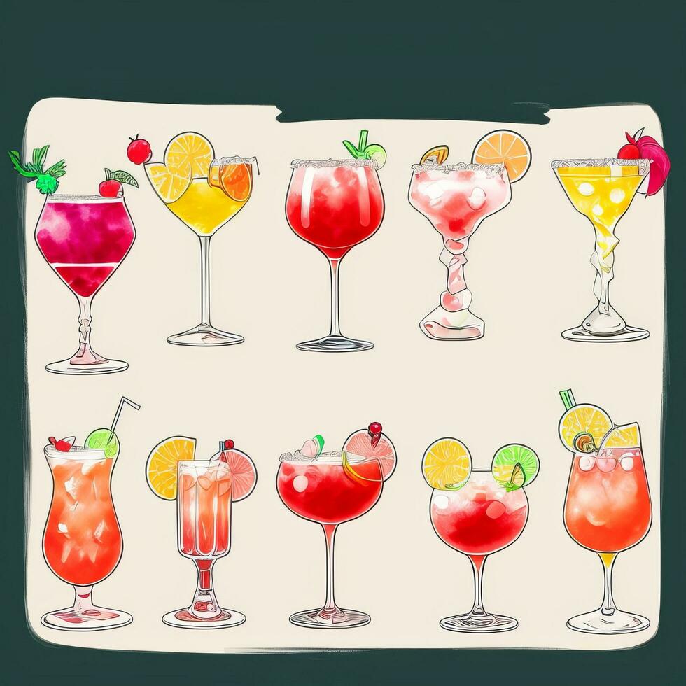 ai gerado coquetel mocktail bebidas coleção ilustração água cor simples fundo foto