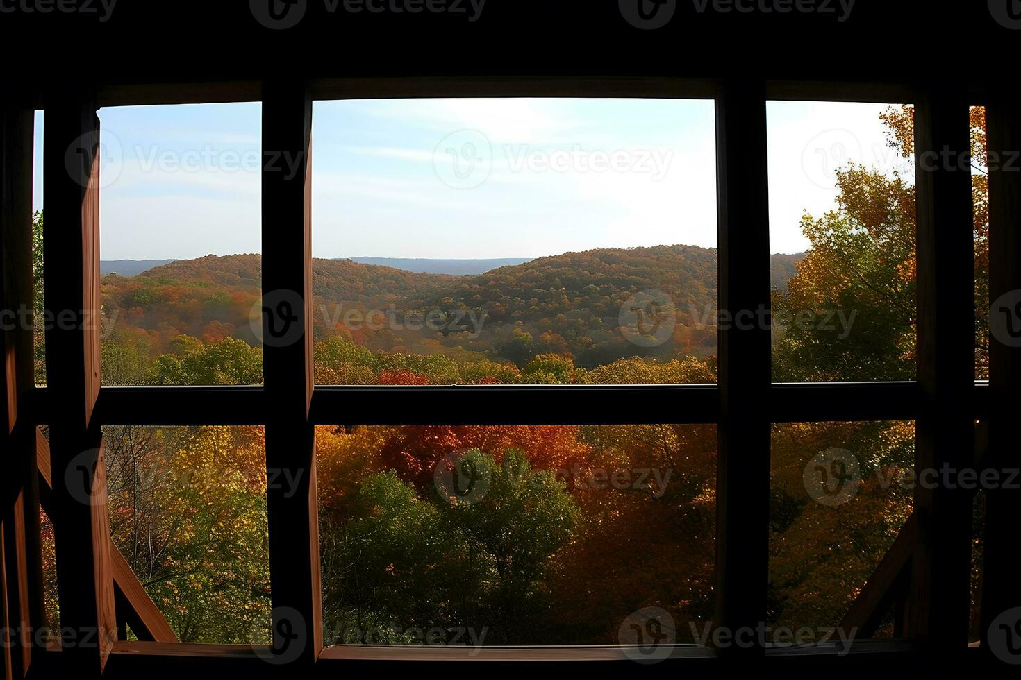 ai gerado panorama natureza Visão fundo. Visão a partir de janela às uma Maravilhoso panorama natureza visualizar. neural rede ai gerado foto