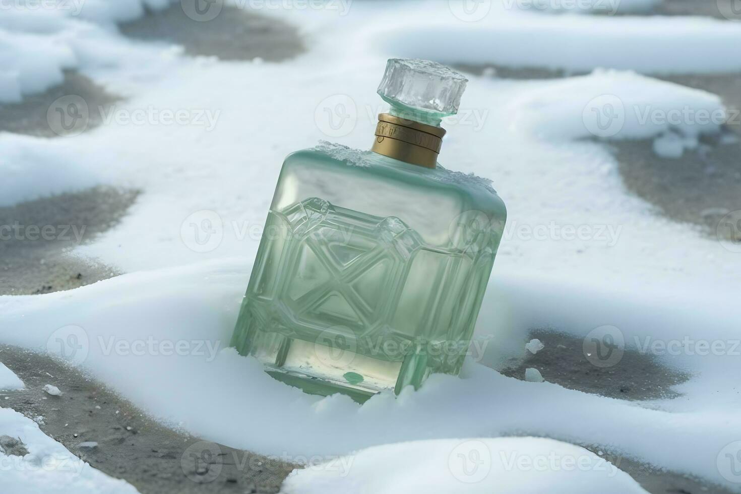 ai gerado perfume garrafa dentro a neve, inverno, fresco frio fragrância conceito. neural rede gerado arte foto