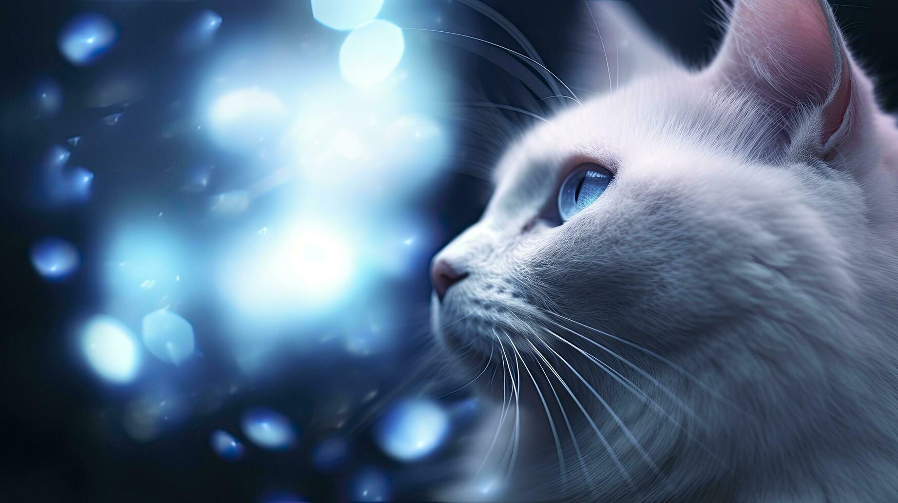 ai gerado uma fofa fofo gato com brilhante azul olhos encarando lado de fora foto