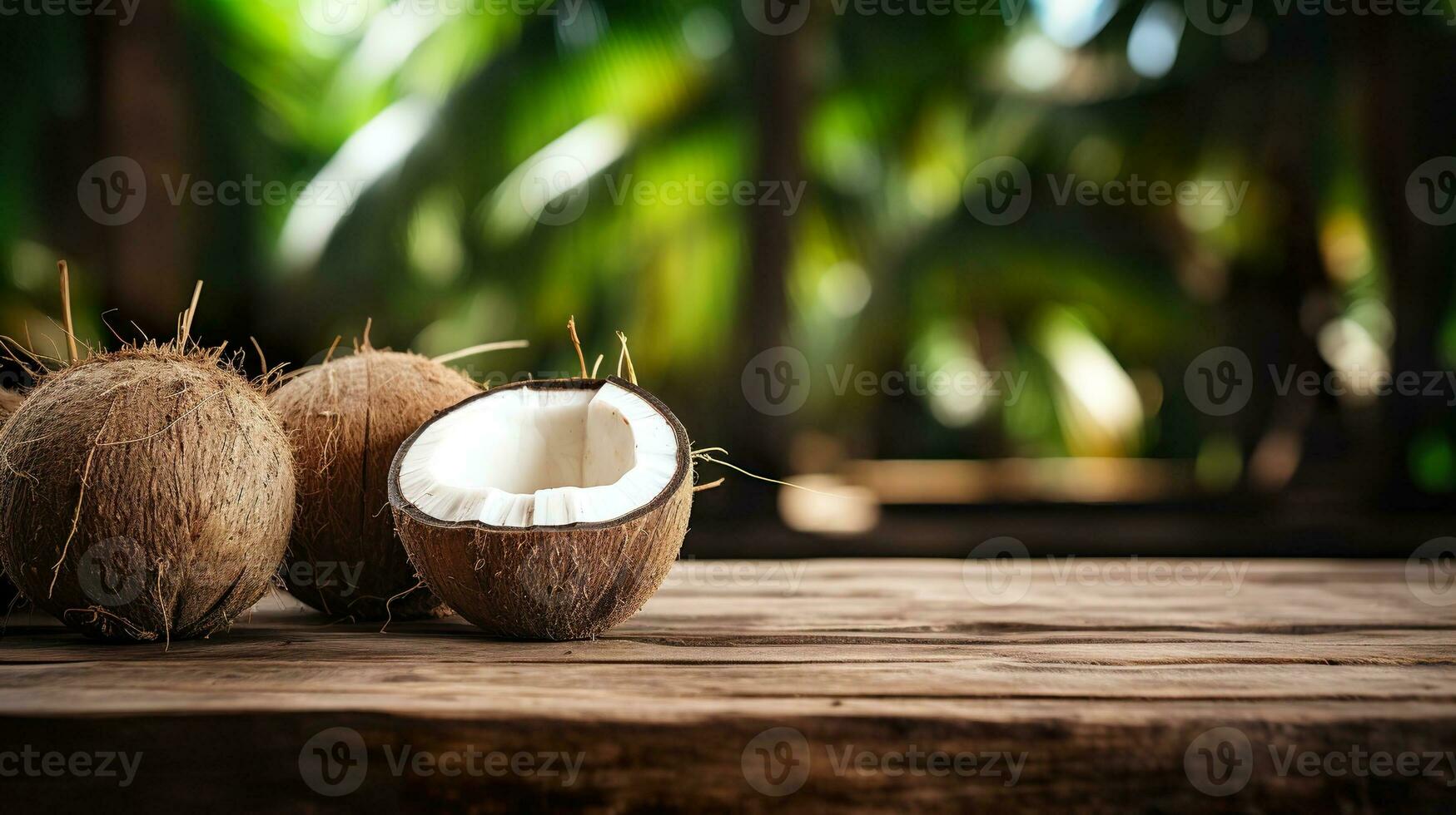 ai gerado produtos exibição rústico velho de madeira Pranchas mesa com coco Fazenda dentro fundo. foto