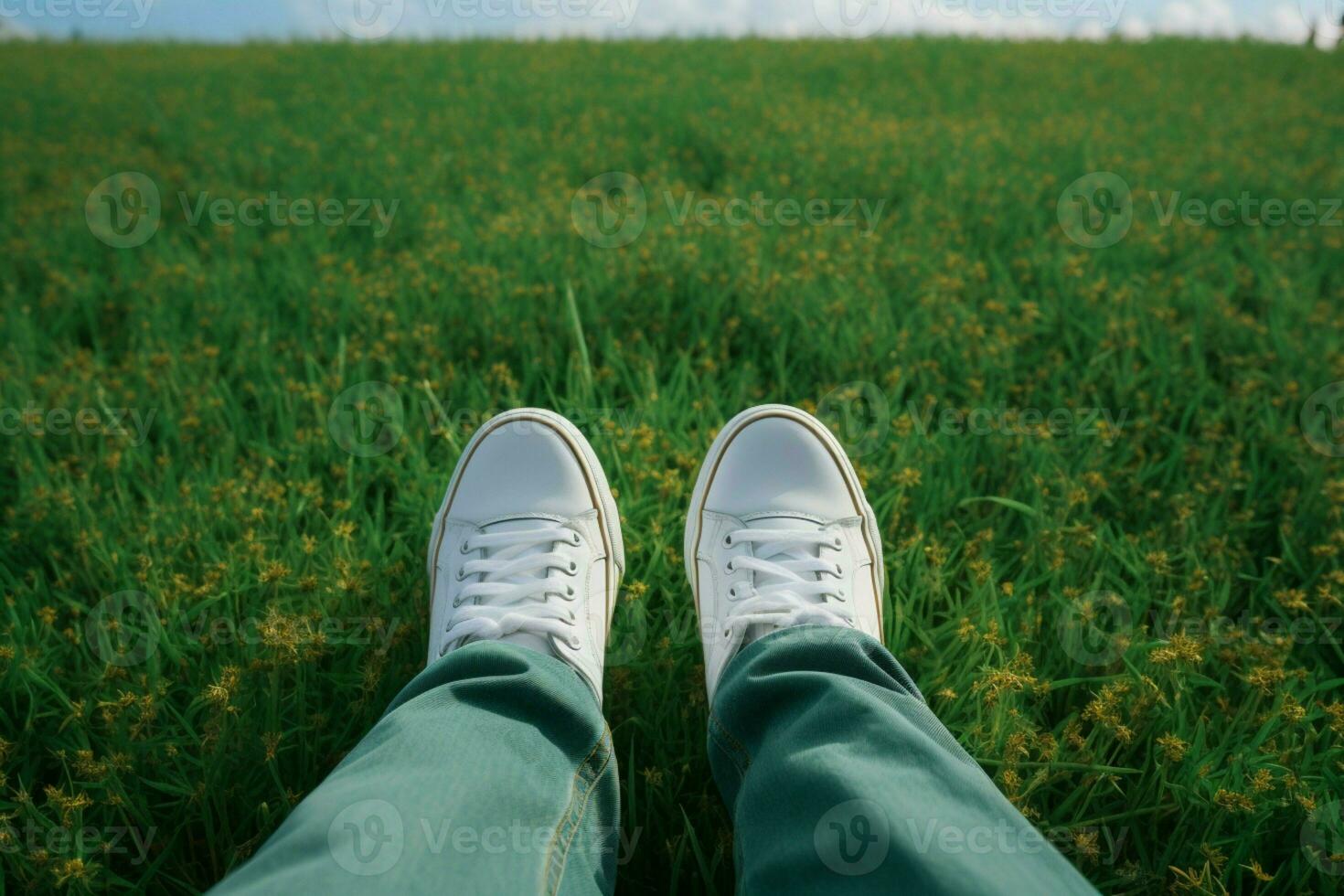 ai gerado calçados talento selfie do pés dentro branco tênis em Relva foto