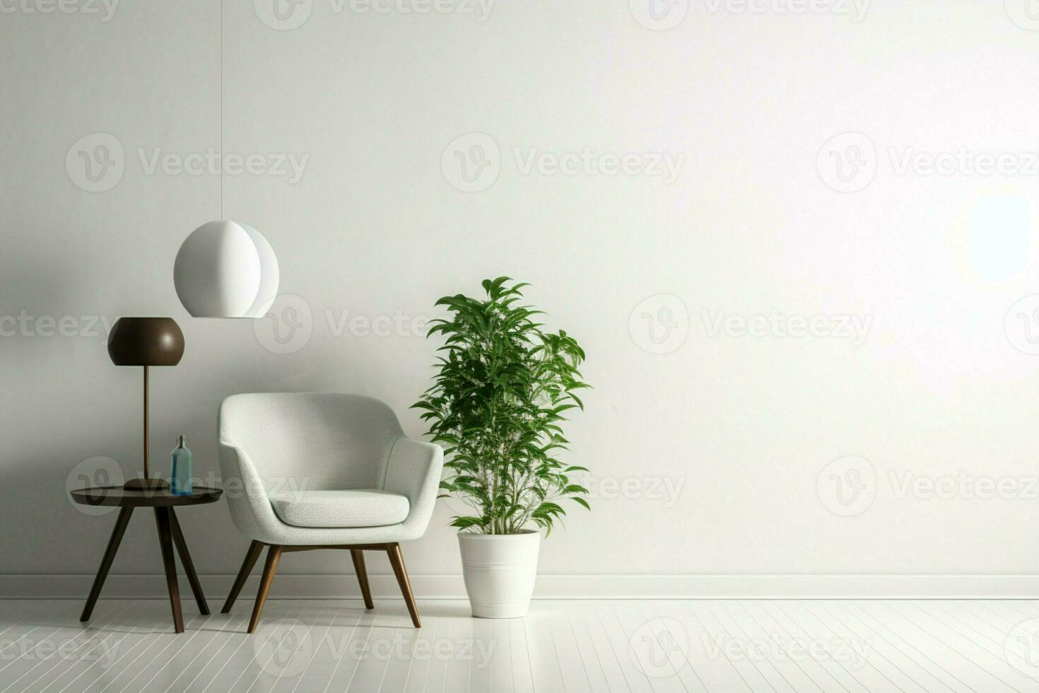 ai gerado minimalista interior cadeira, lâmpada, verde plantar contra branco pano de fundo foto