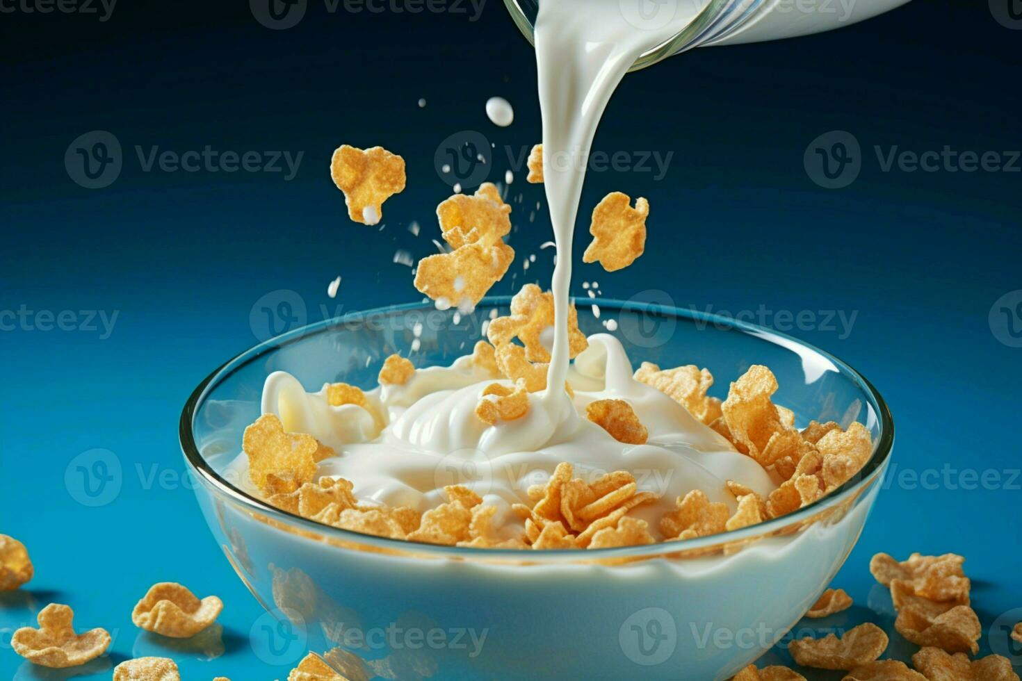 ai gerado cereal indulgência milho flocos com derramando leite em azul pano de fundo foto