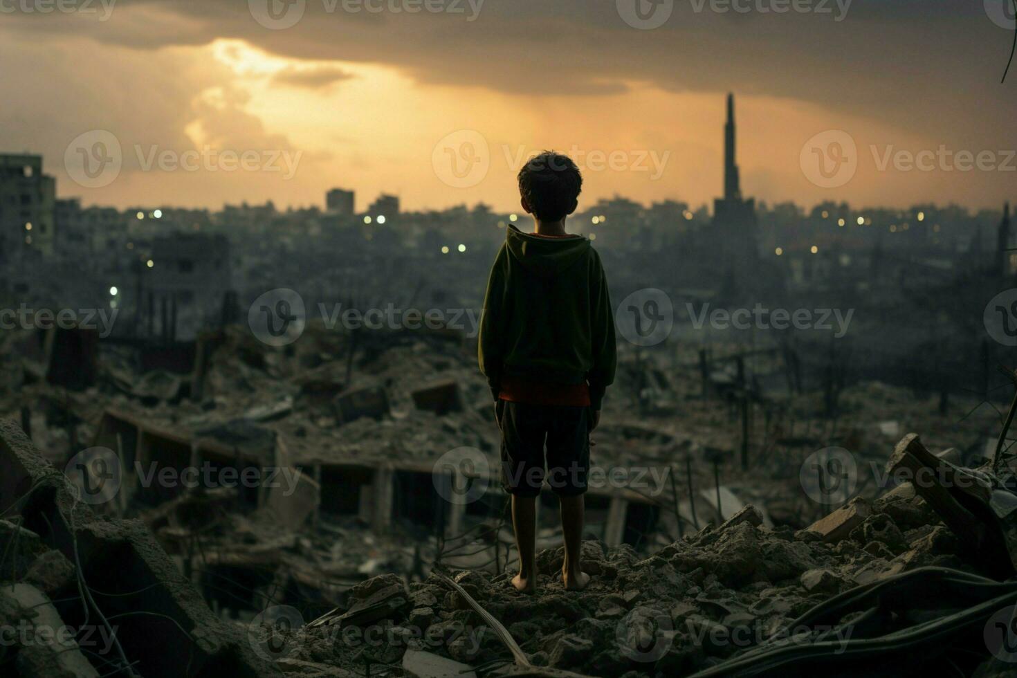 ai gerado uma solitário criança no meio guerras destroços, encarando às a ruínas foto