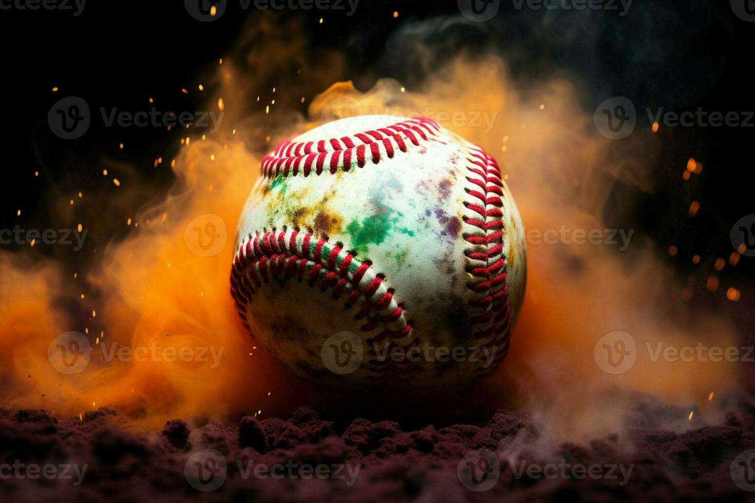 ai gerado beisebol espetáculo colorida bola pops contra uma misterioso, esfumaçado fundo foto