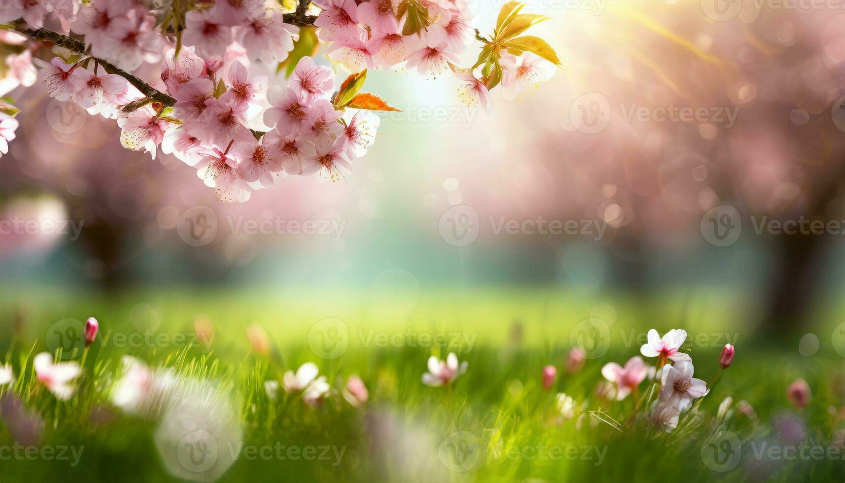 ai gerado uma sereno Visão do Rosa cereja flores dentro cheio florescer, com Sol raios filtrando através a pétalas, iluminador uma exuberante verde gramíneo terra foto