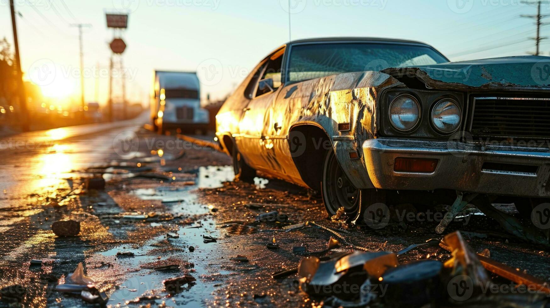 ai gerado abandonado carros em a estrada dentro a tarde às pôr do sol. foto