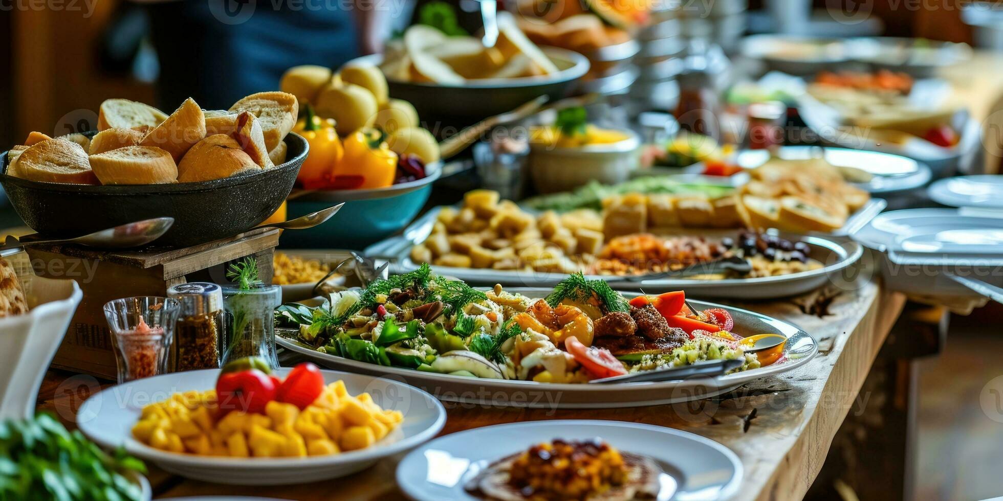 ai gerado refeições bufê Comida em uma grandes mesa dentro uma hotel restaurante foto