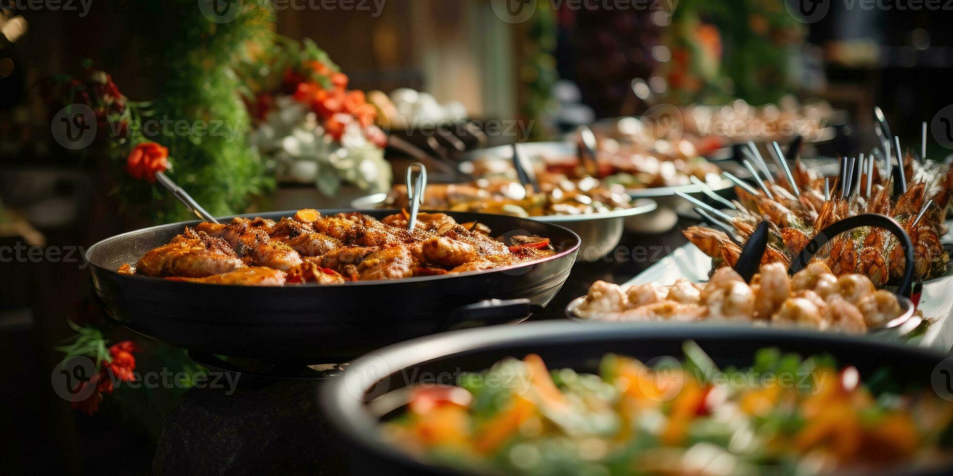 ai gerado refeições bufê Comida em uma grandes mesa dentro uma hotel restaurante foto