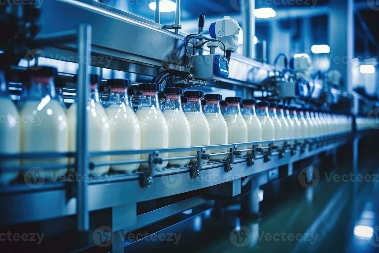 ai gerado leite fábrica. robótico fábrica linha para em processamento e engarrafamento do leite. foto
