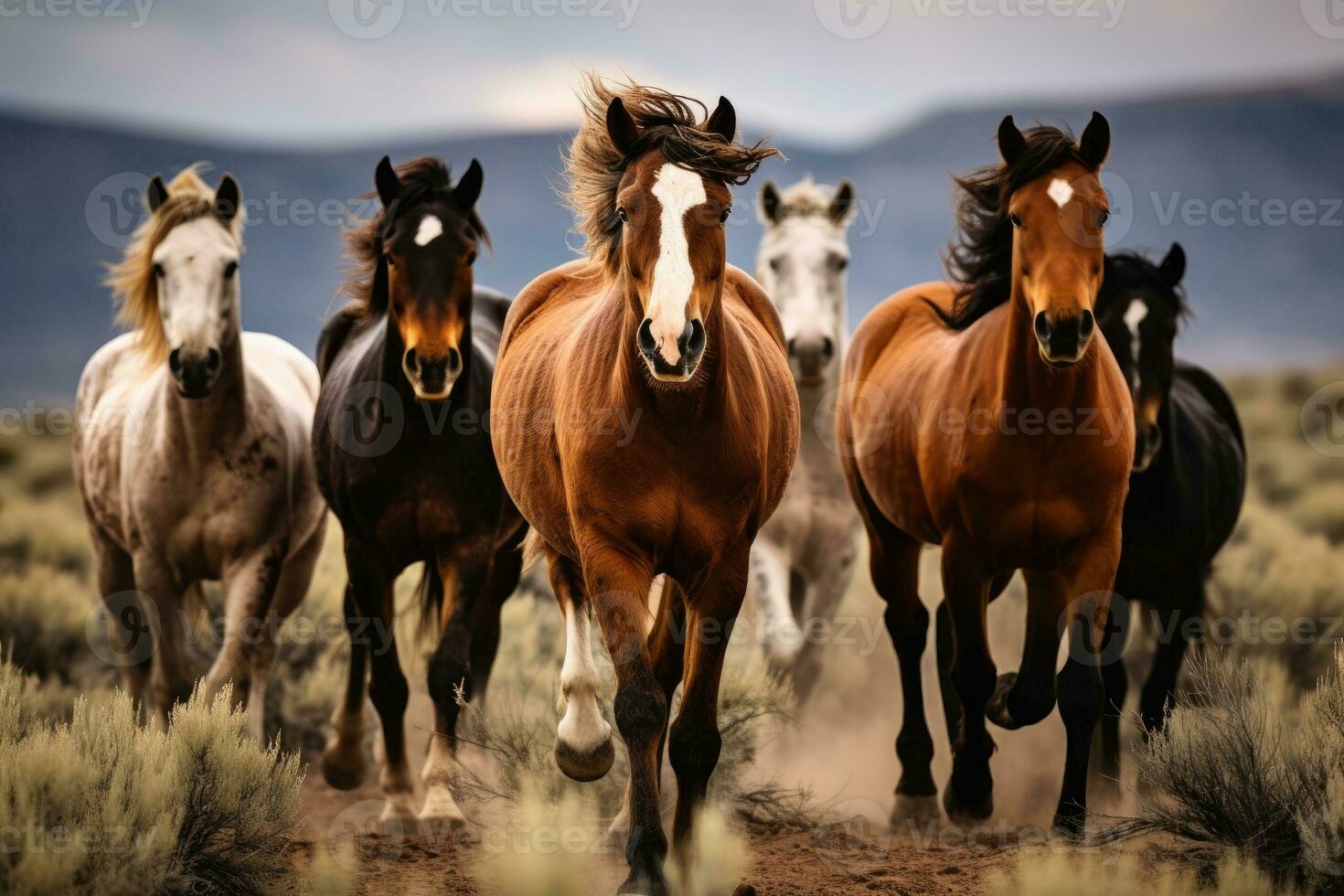 ai gerado uma grupo do cavalos corrida em uma sujeira estrada foto