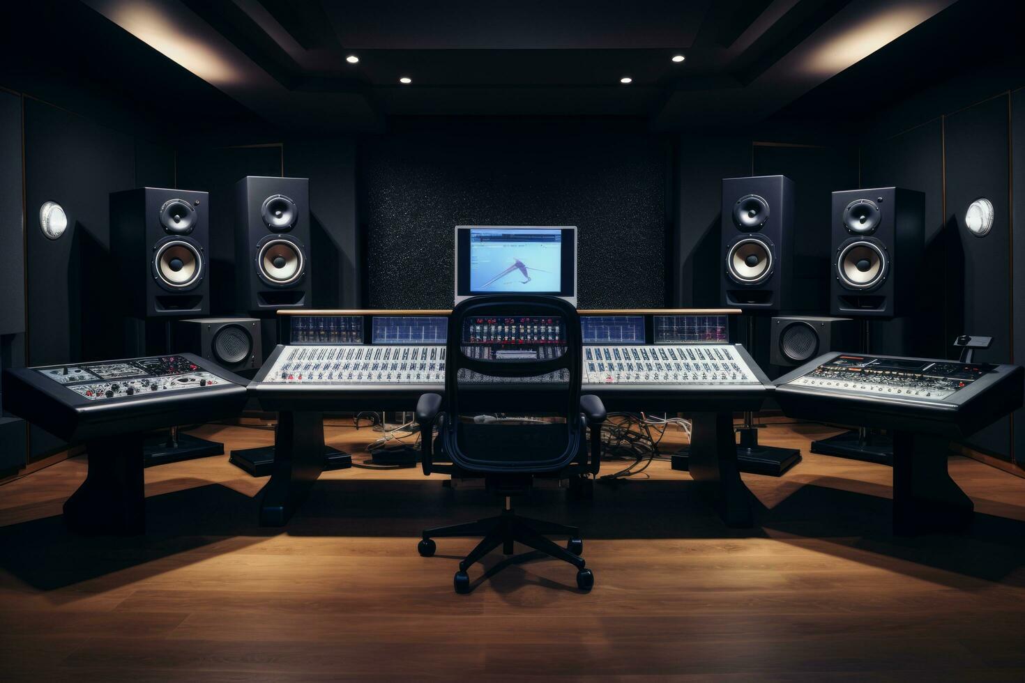 ai gerado uma profissional música estúdio com uma ampla mistura console, computador monitores, e estúdio monitores foto