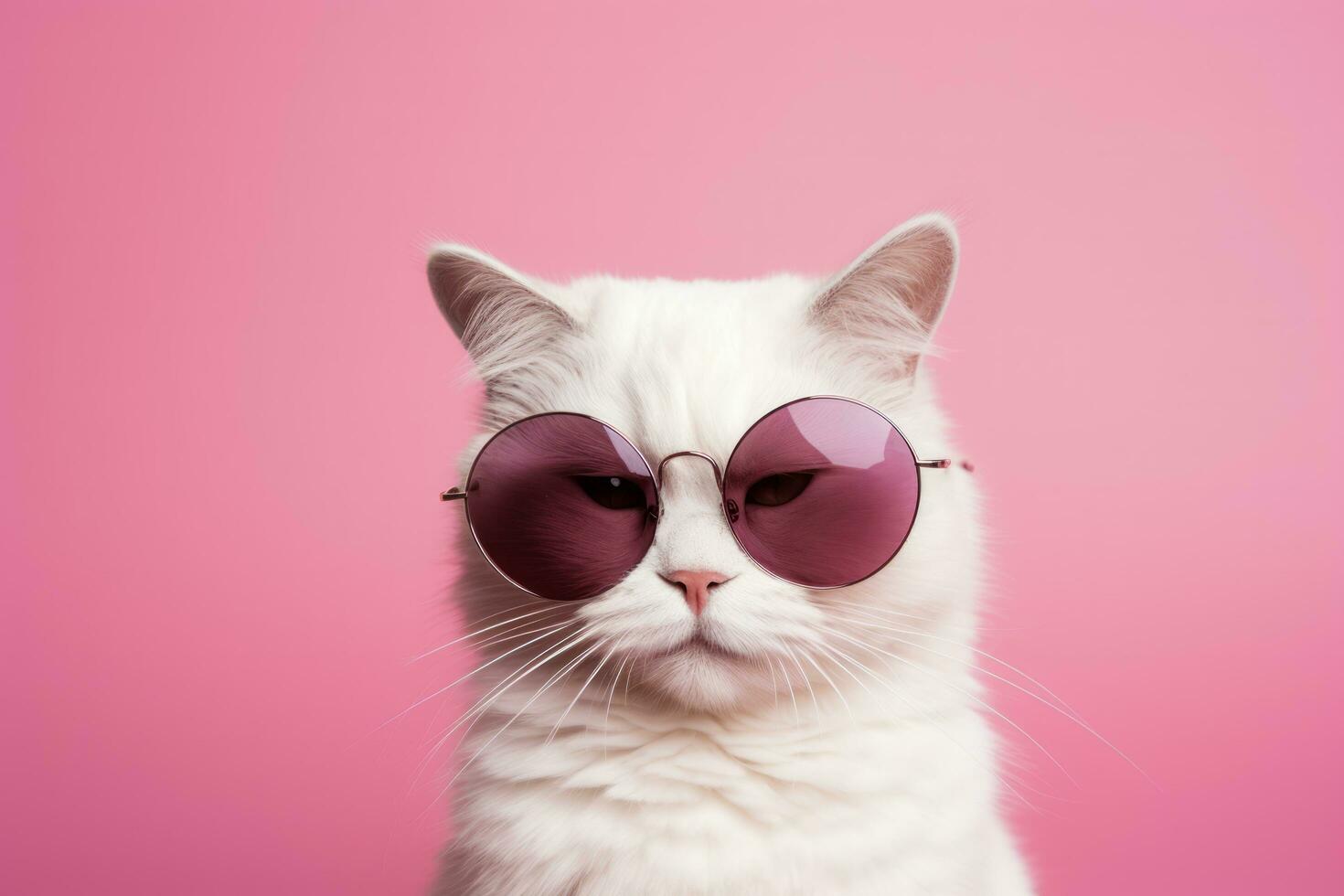 ai gerado gato com coração em forma oculos de sol em Rosa fundo foto