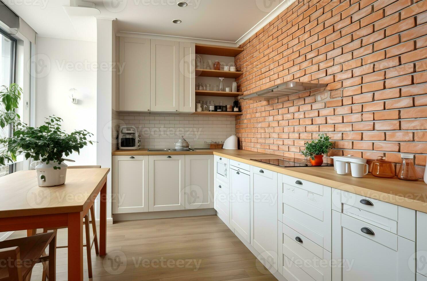 ai gerado cozinha dentro branco tijolo parede com de madeira chão foto